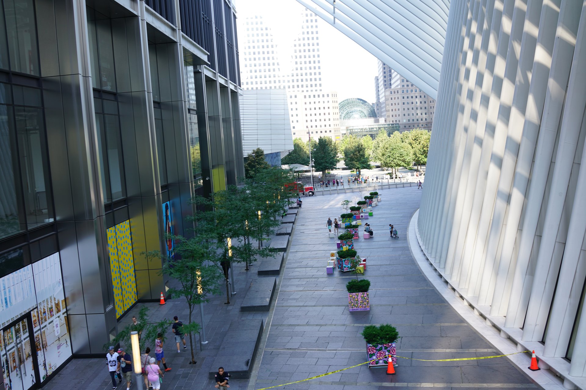 Drone view of Oculus plaza level and surrounding structures in Lower Manhattan